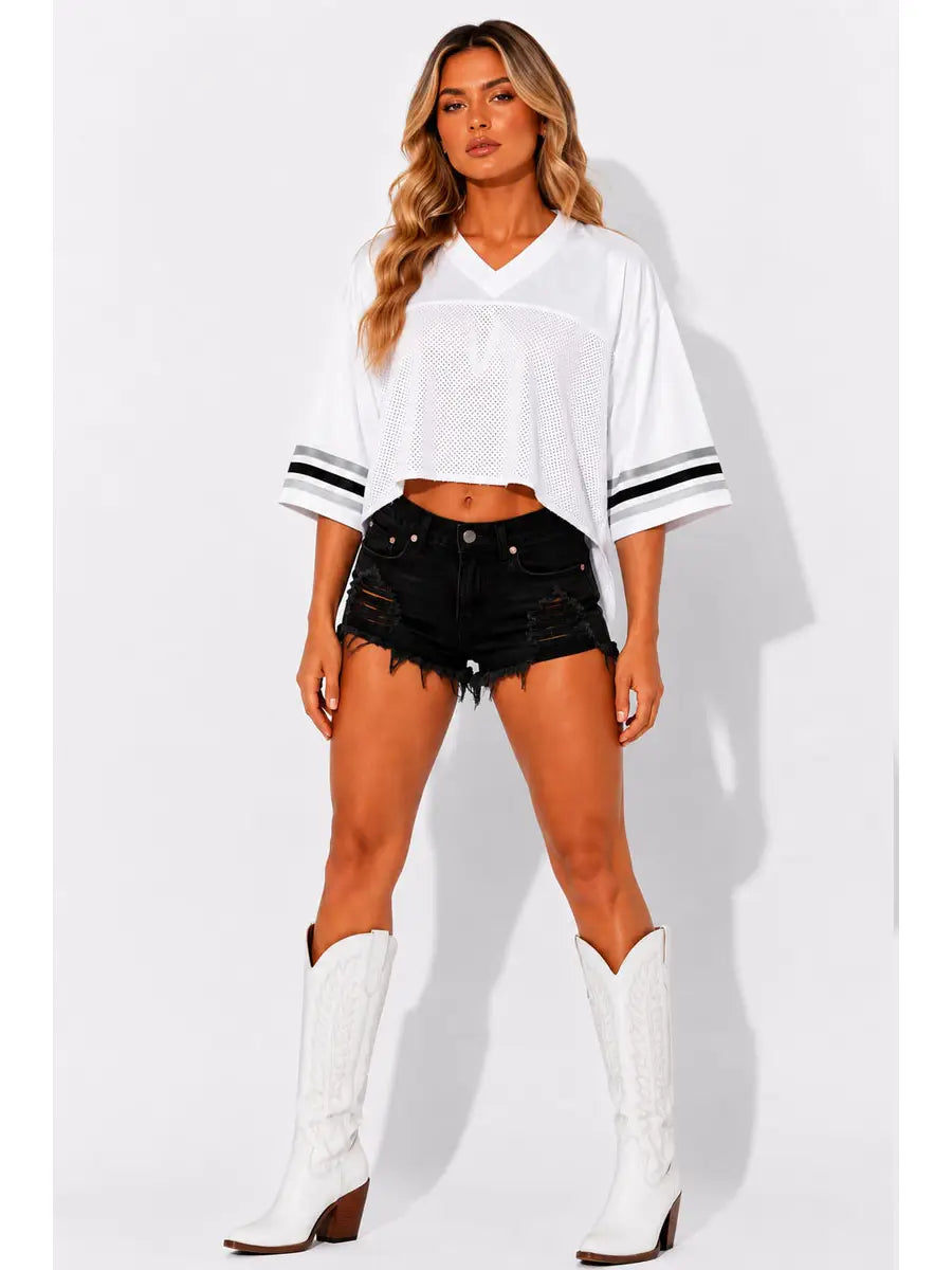 Womens Oversized Cropped Classic Mesh Football Jersey, White